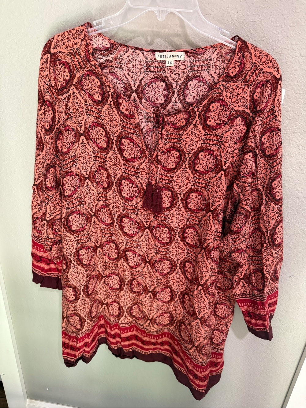Artisan Red Paisley Split-Neck Blouse with Tassels
